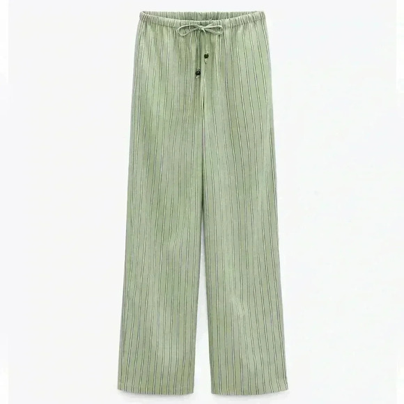 Zara green Linen blend striped pull on elastic waist pants woman’s size XL - Picture 1 of 4